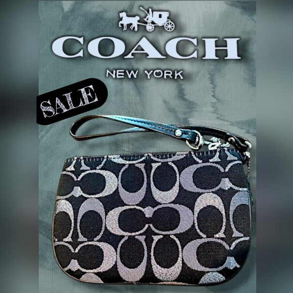 Coach Black w/ Stitched Metallic Silver C Print Wristlet Wallet Coin Zip Purse - Picture 2 of 13